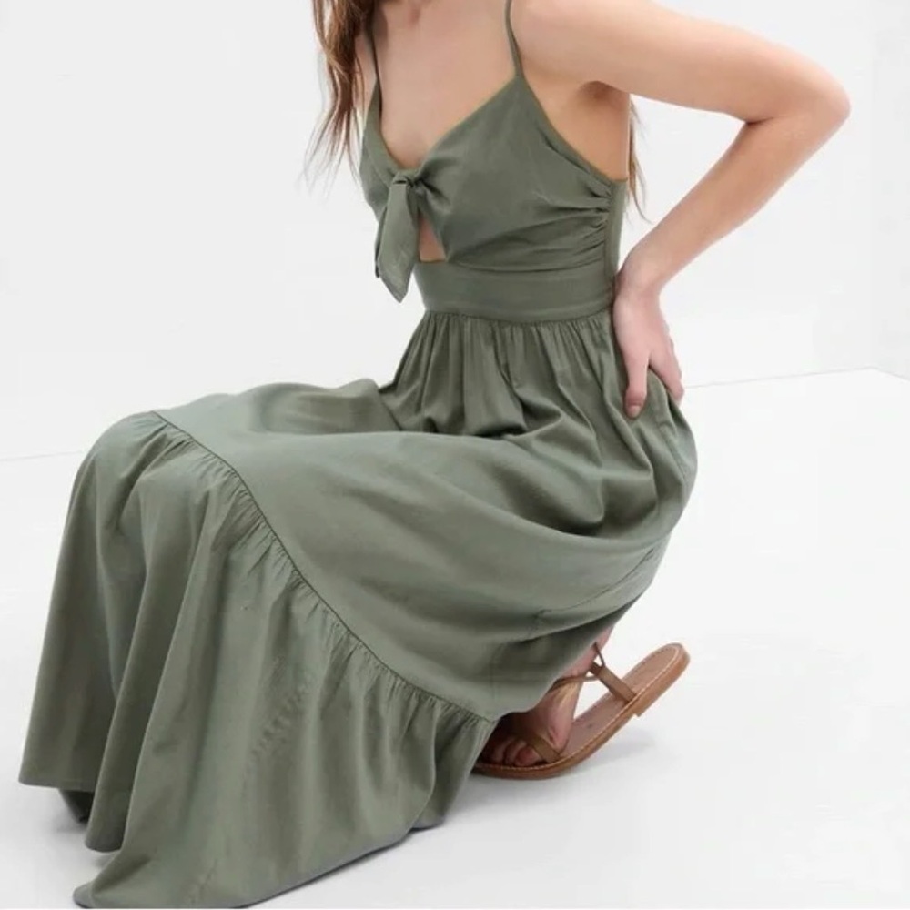 Green Cotton Tie-Front Maxi Dress